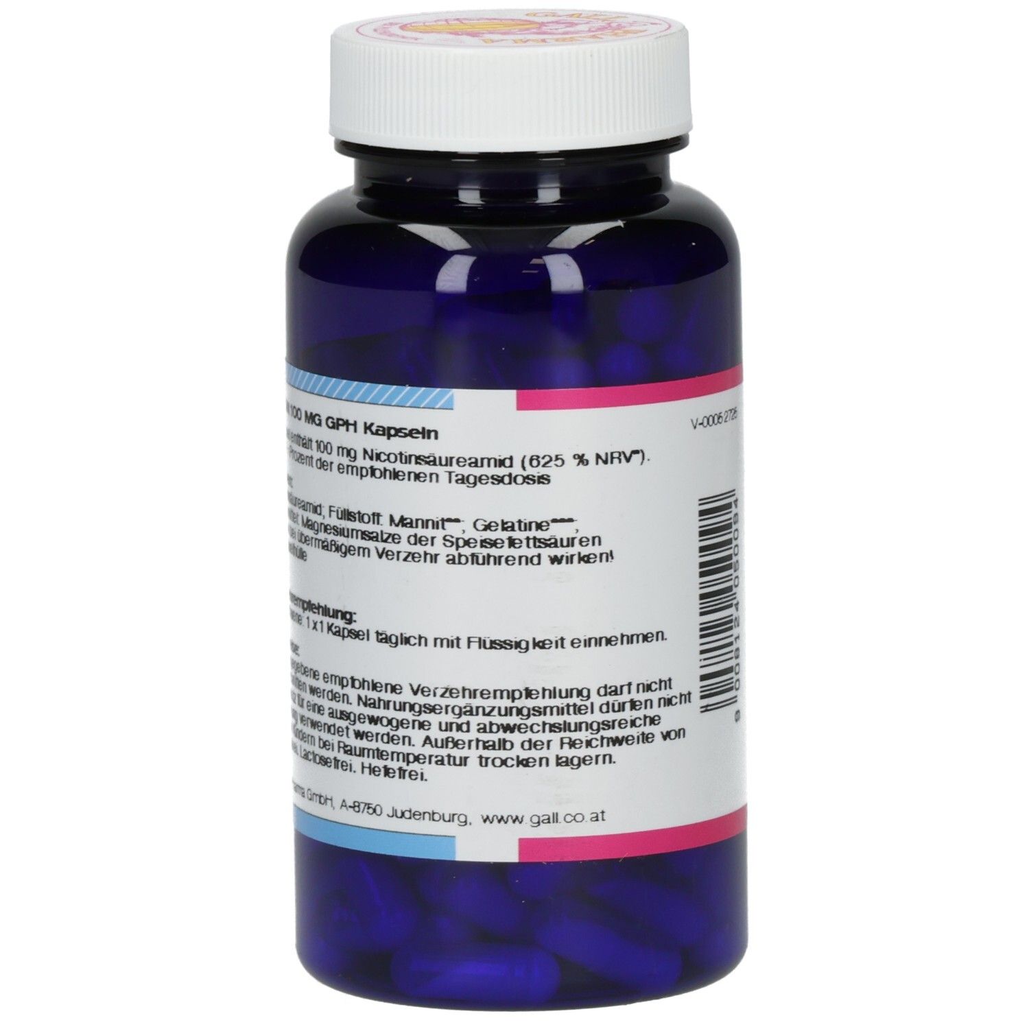 Blaue Flasche mit weißem Deckel. Rückseite mit Text. Produkt: Niacin 100 mg GPH Kapseln.