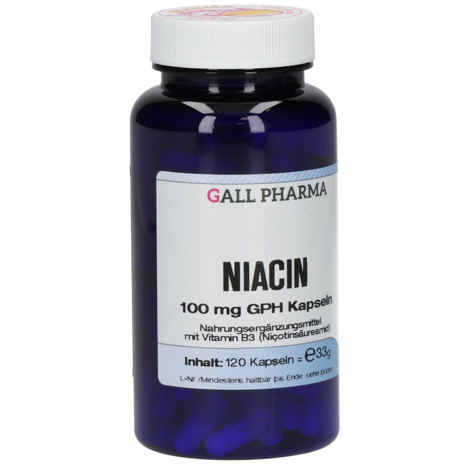 Blaue Flasche mit weißem Deckel. Aufschrift: Niacin 100 mg GPH Kapseln. Enthält 120 Kapseln.