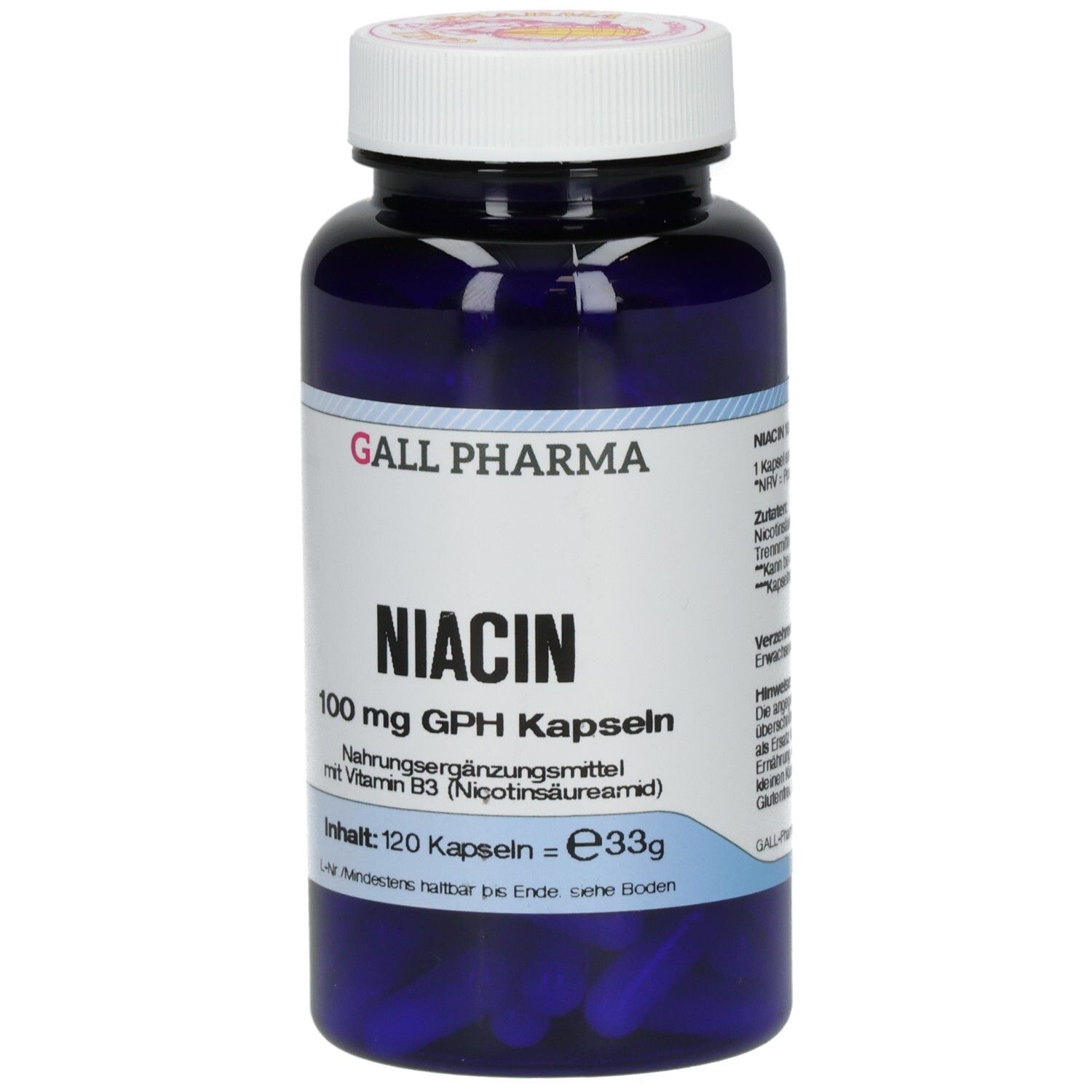Blaue Flasche mit weißem Deckel. Aufschrift: Niacin 100 mg GPH Kapseln. Enthält 120 Kapseln.