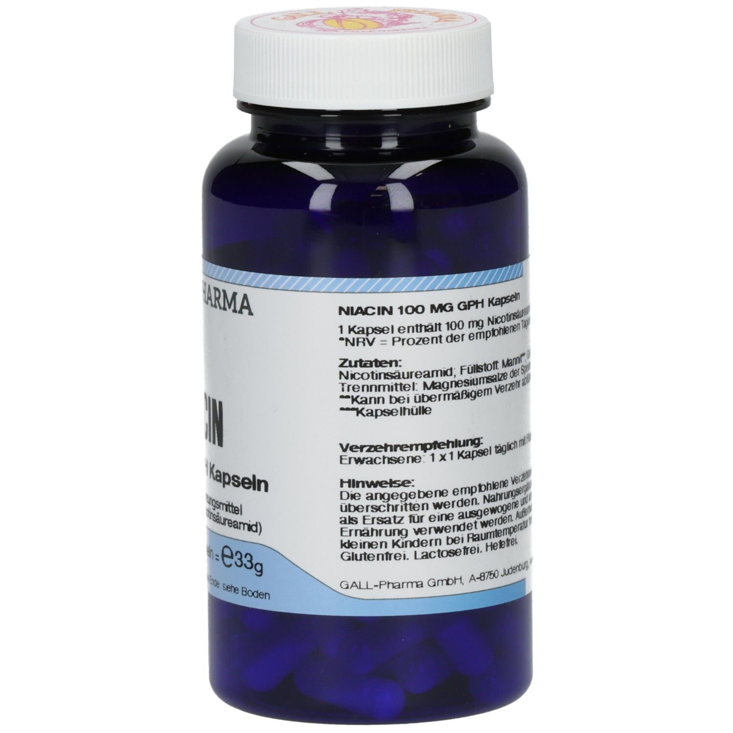 Blaue Flasche mit weißem Deckel. Aufschrift: Niacin 100 mg GPH Kapseln. Enthält 120 Kapseln.