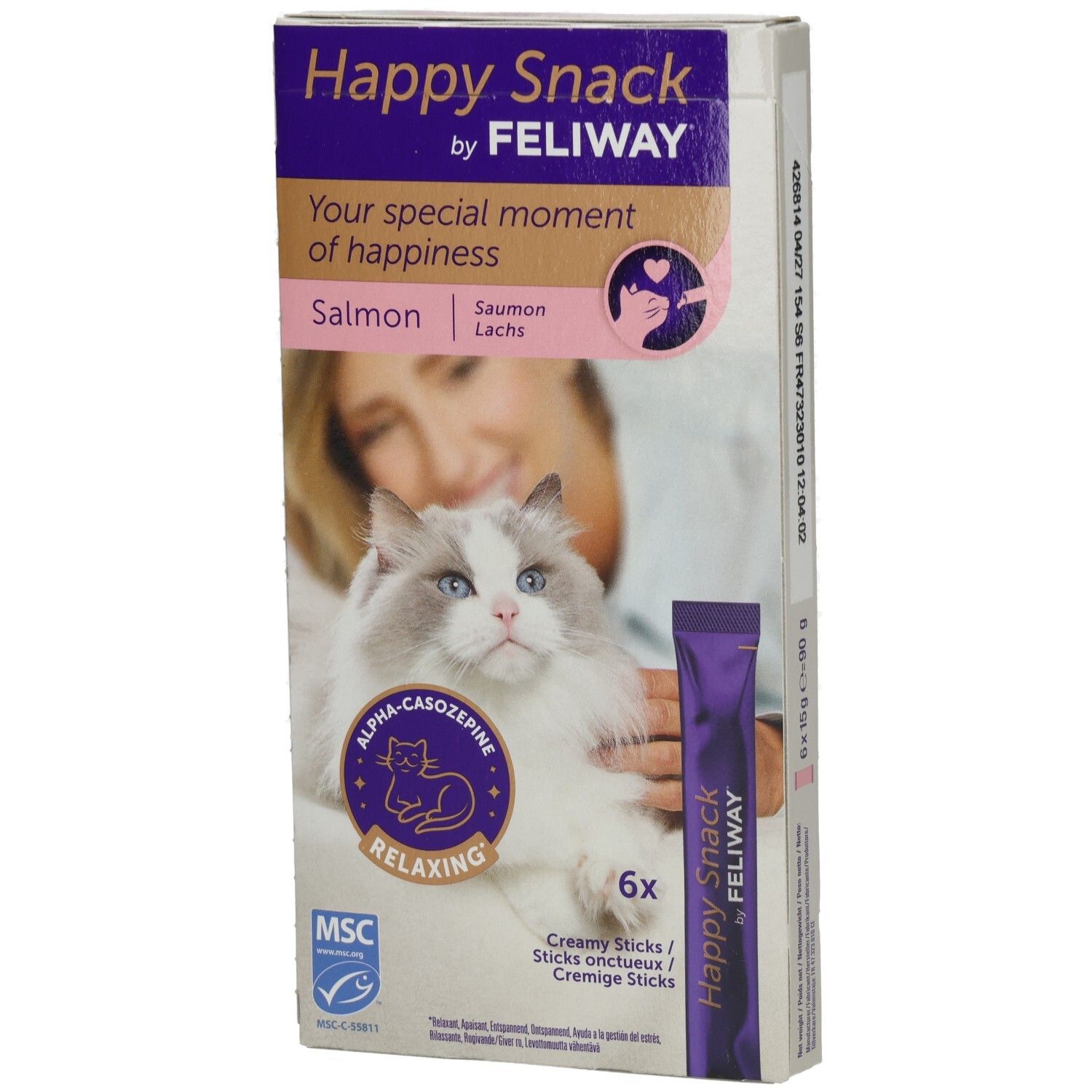 Verpackung von Happy Snack by FELIWAY. Enthält 6 cremige Sticks mit Lachs. Mit Alpha-Casozepine für Entspannung. MSC-Zertifizierung.