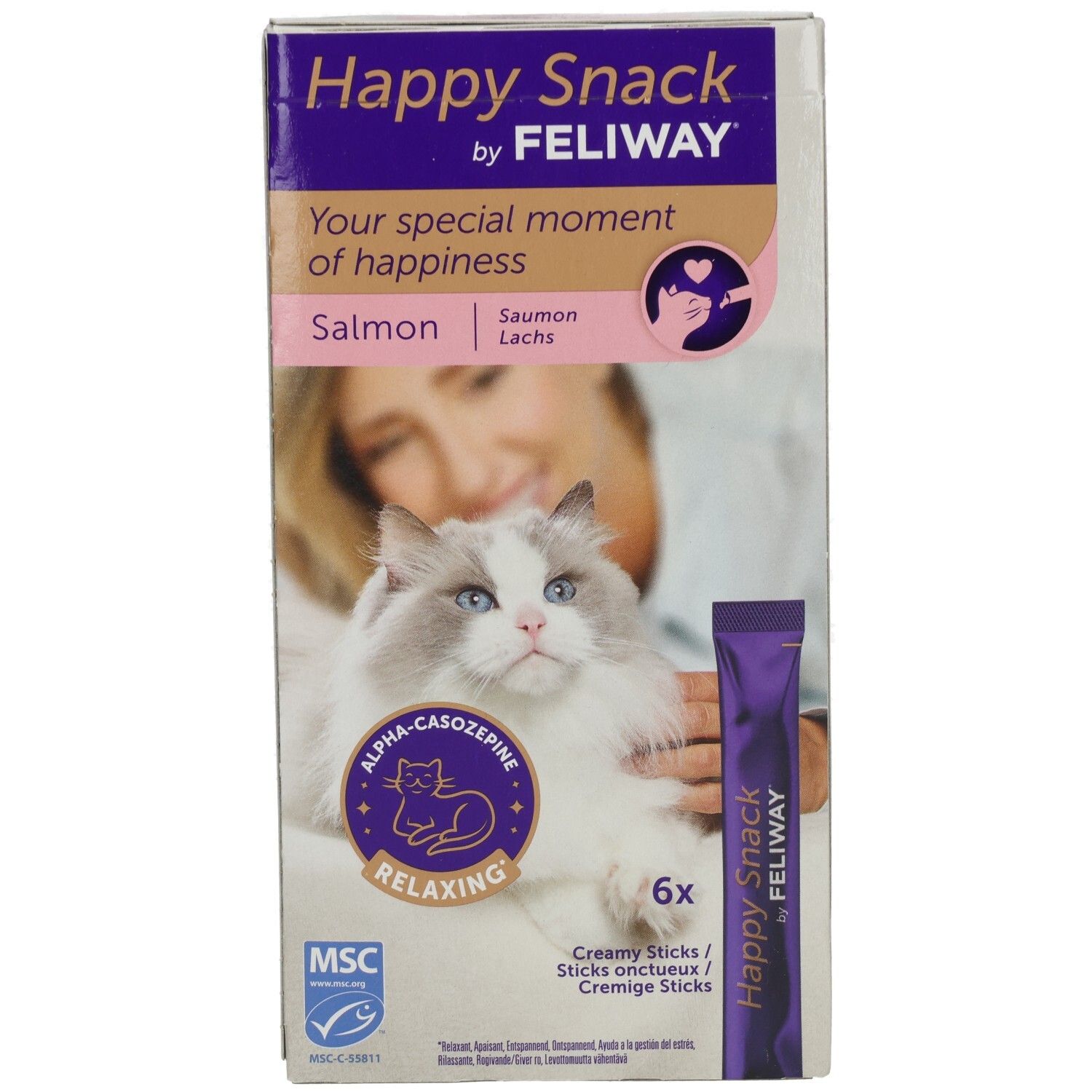 Happy Snack by FELIWAY Verpackung. Enthält 6 cremige Sticks mit Lachs. Mit Alpha-Casozepine für Entspannung. MSC-Zertifizierung.
