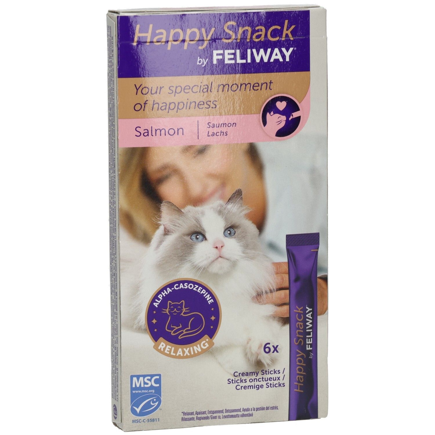 Happy Snack by FELIWAY Verpackung. Enthält 6 cremige Sticks mit Lachs. Mit Alpha-Casozepine für Entspannung. MSC-Zertifizierung.