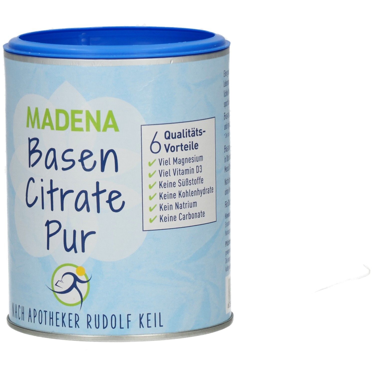 Zylindrische Dose mit blauem Deckel. Aufschrift: Madena Basen Citrate Pur. Sechs Qualitätsvorteile sind aufgelistet.