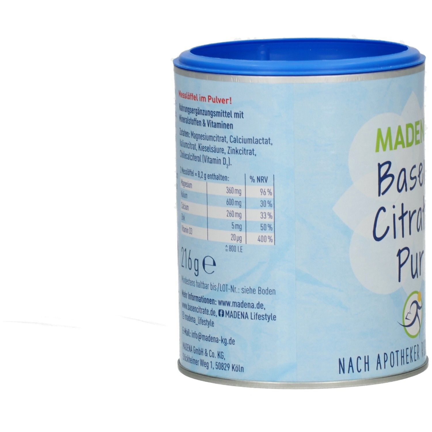 Zylindrische Dose, blaue Deckel. Aufschrift: Madena Basen Citrate Pur. Nährwertangaben und Inhaltsstoffe sind aufgedruckt.
