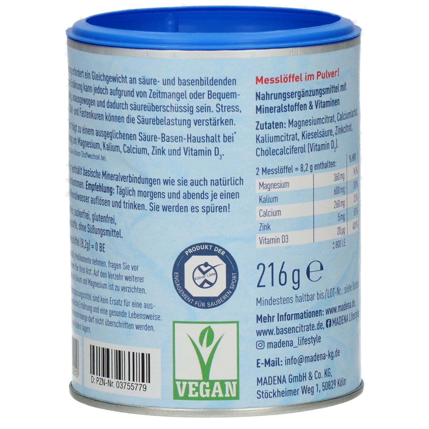 Zylindrische Dose mit blauem Deckel. Aufschrift: Madena Basen Citrate Pur. Vegan-Siegel und Nährwertangaben sind sichtbar.