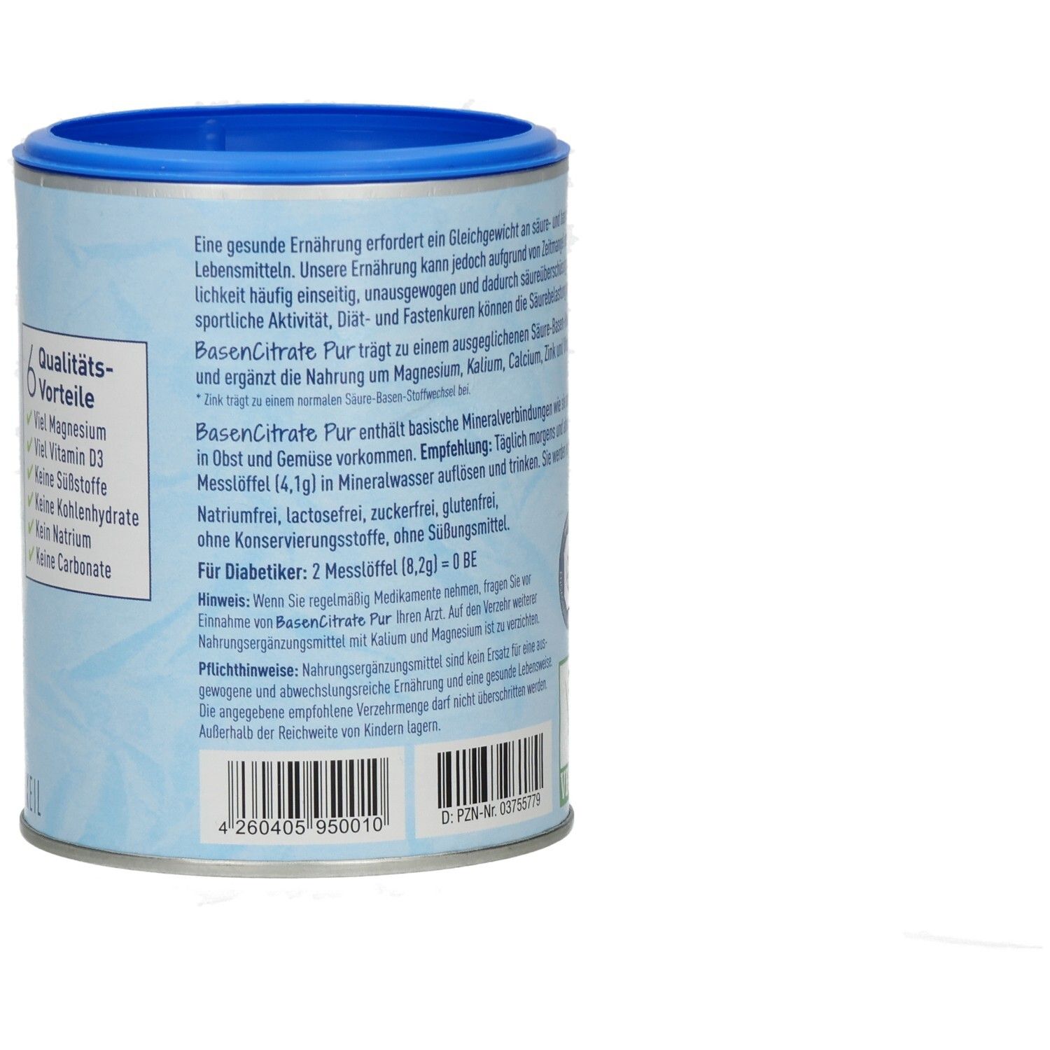 Zylindrische Dose mit blauem Deckel. Aufschrift: Madena Basen Citrate Pur. Text über Ernährung und Anwendung.