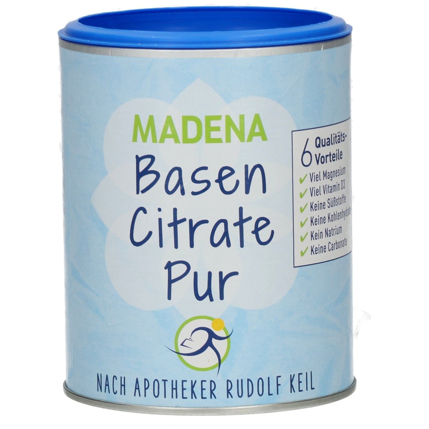 Zylindrische Dose mit blauem Deckel. Aufschrift: Madena Basen Citrate Pur. Sechs Qualitätsvorteile sind aufgelistet.