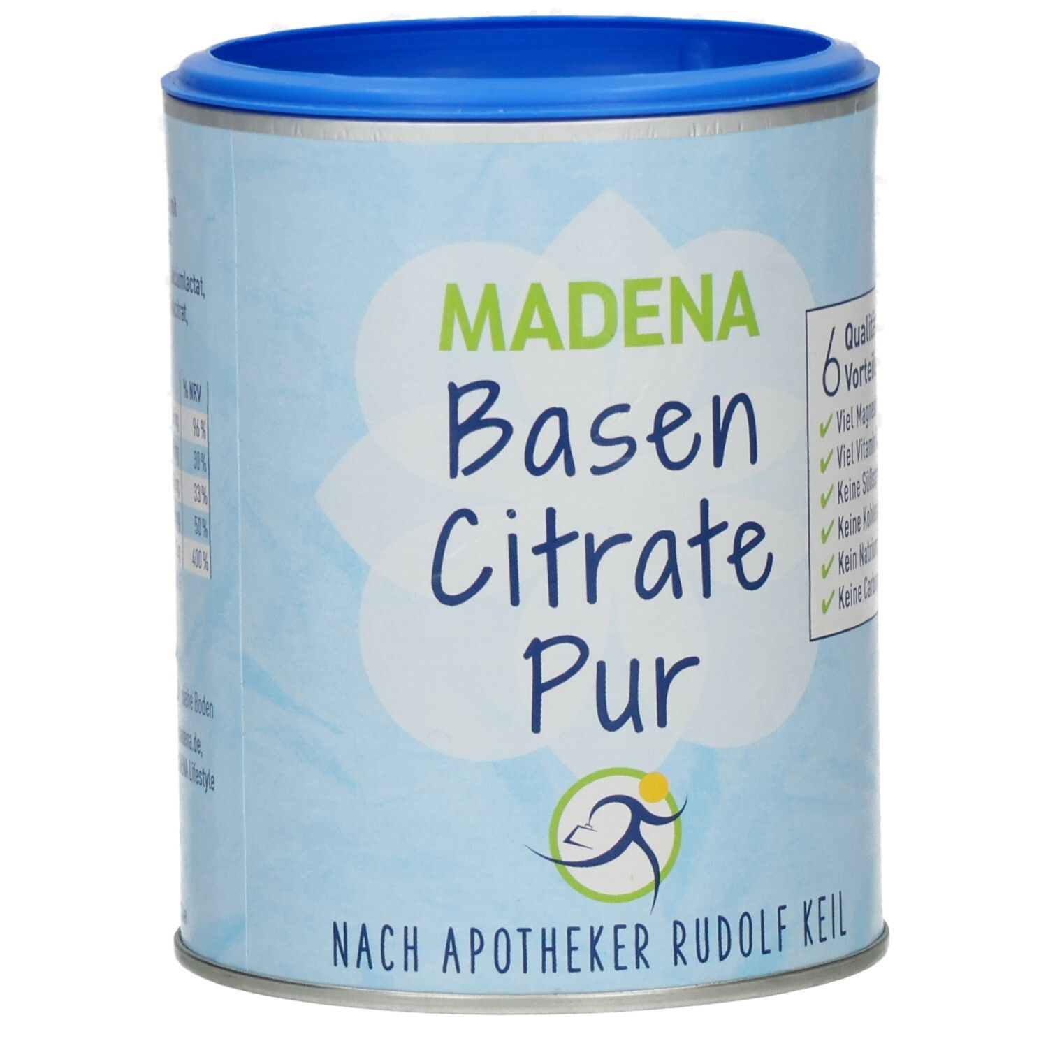 Zylindrische Dose mit blauem Deckel. Aufschrift: Madena Basen Citrate Pur. Sechs Qualitätsvorteile sind aufgelistet.