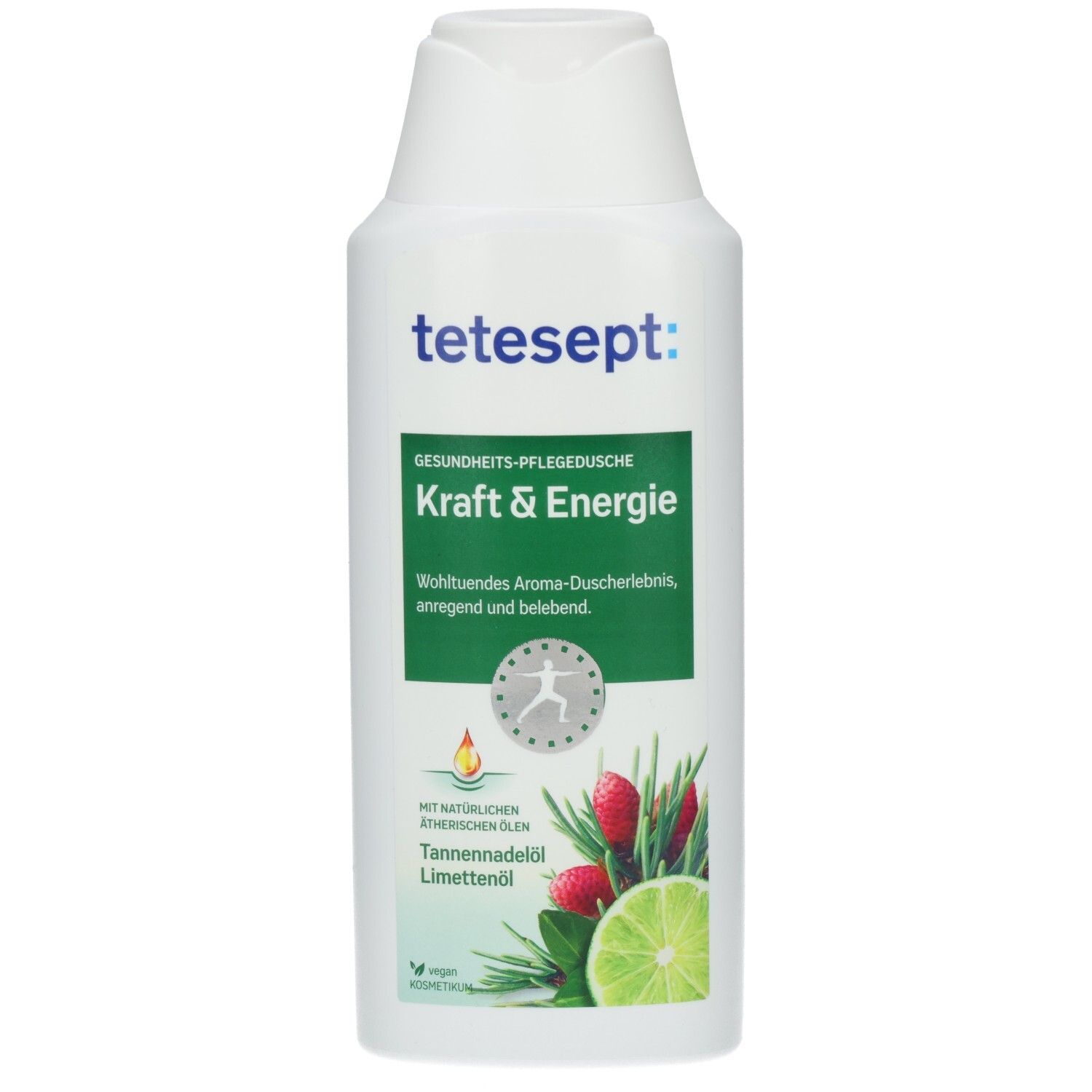 Weiße Flasche mit grünem Etikett. Aufschrift: tetesept, Kraft & Energie Dusche. Abbildung von Kiefernzweigen und Limette.