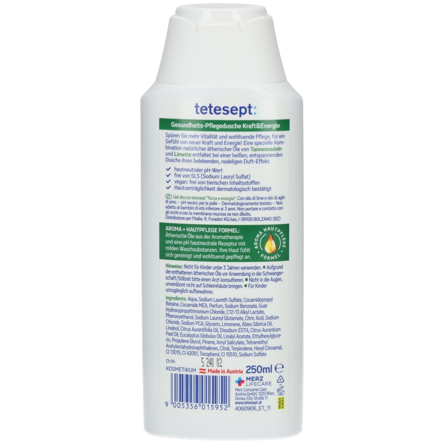 Rückseite einer weißen Flasche. Text: tetesept, Kraft & Energie Dusche. Enthält Informationen zu Inhaltsstoffen und Hersteller.