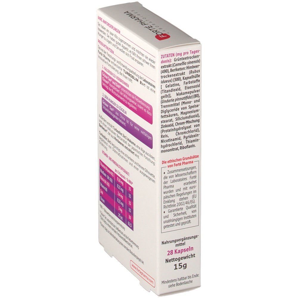 Seitenansicht der "TURBOSLIM 2 in 1"-Verpackung. Enthält Text über Inhaltsstoffe und Nährwertangaben. Weißer Hintergrund.
