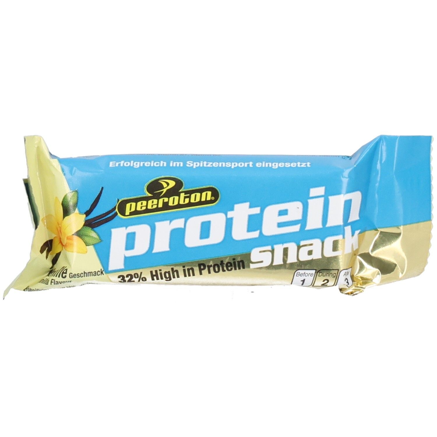 Proteinriegel mit Vanille-Geschmack. Blaue und goldfarbene Verpackung. Marke: peeroton. 32% High in Protein.
