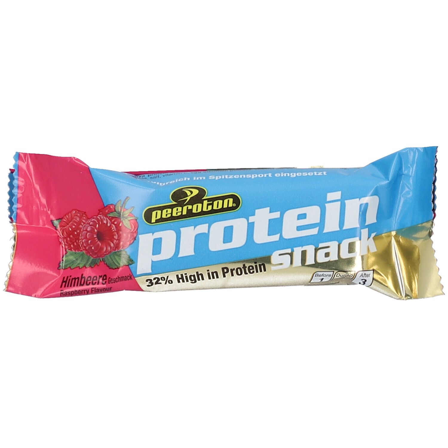 Protein-Snack-Riegel mit Himbeer-Geschmack. Verpackung in Blau, Gold und Pink. Aufschrift "peeroton Protein Snack" und "32% High in Protein".