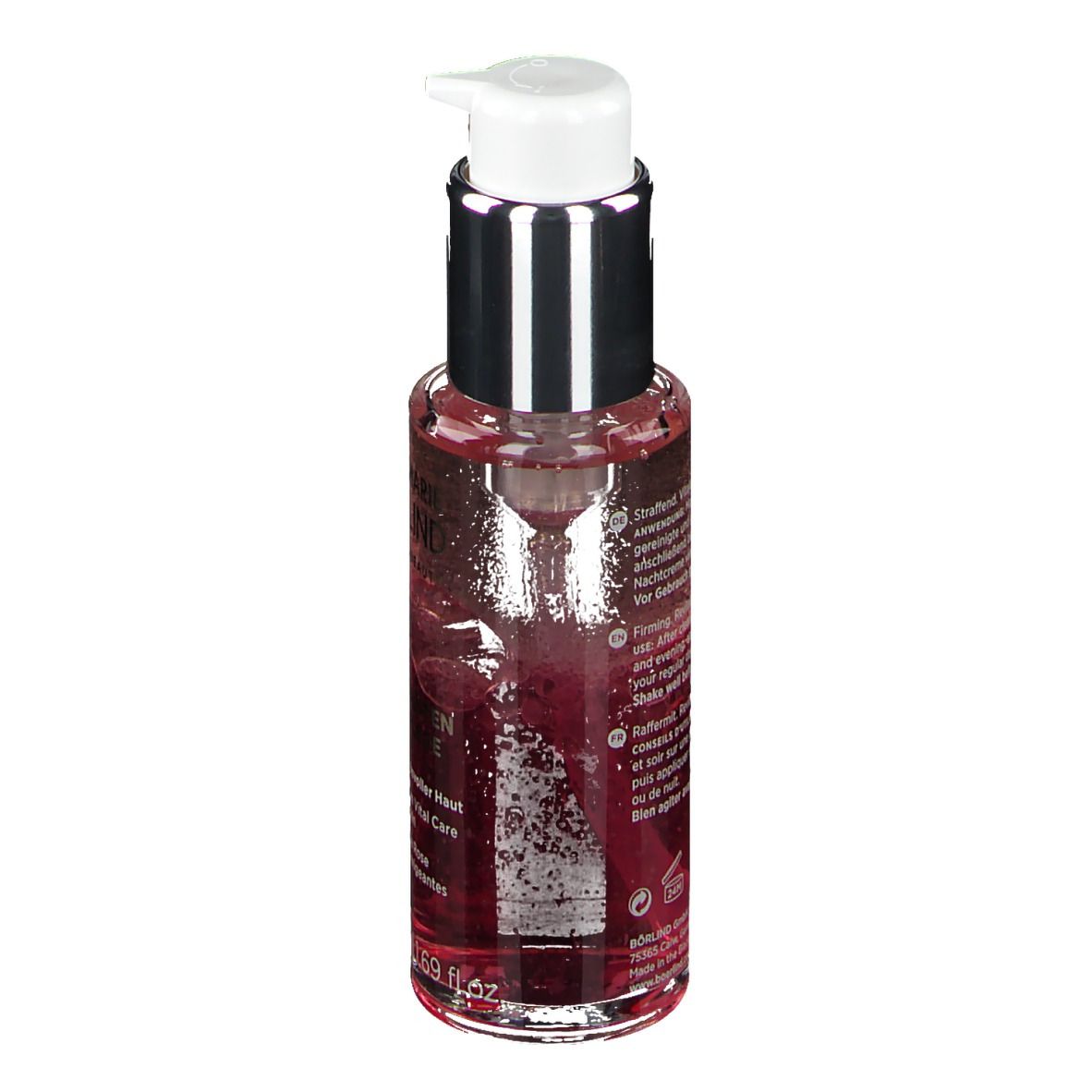 Rückseite des Flakons mit Text. ANNEMARIE BÖRLIND. Rosenblüten Vitalpflege. Für anspruchsvolle Haut. Mit Spender.