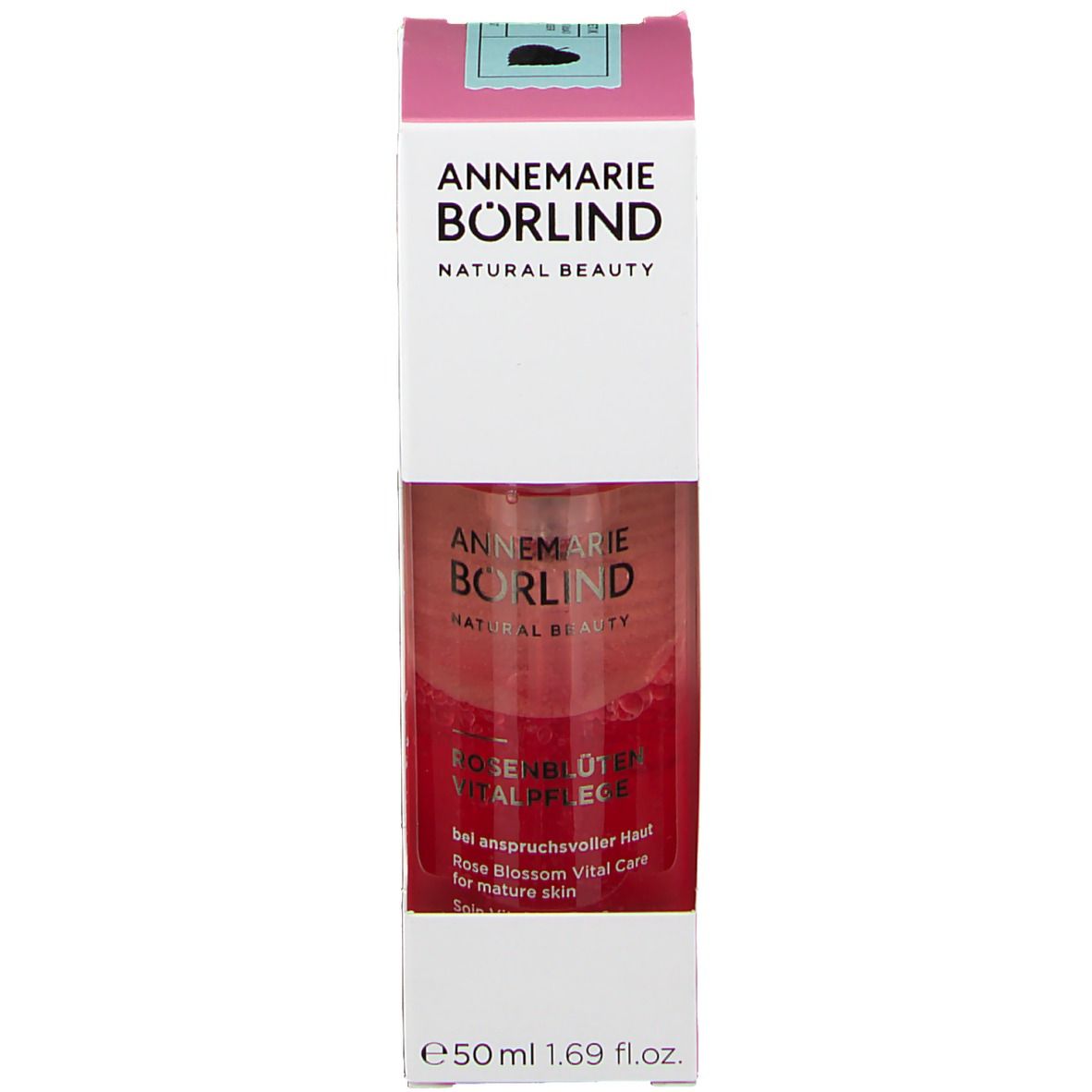 Produktverpackung. Aufschrift: ANNEMARIE BÖRLIND. Rosenblüten Vitalpflege. Für anspruchsvolle Haut. Mit Flakon.