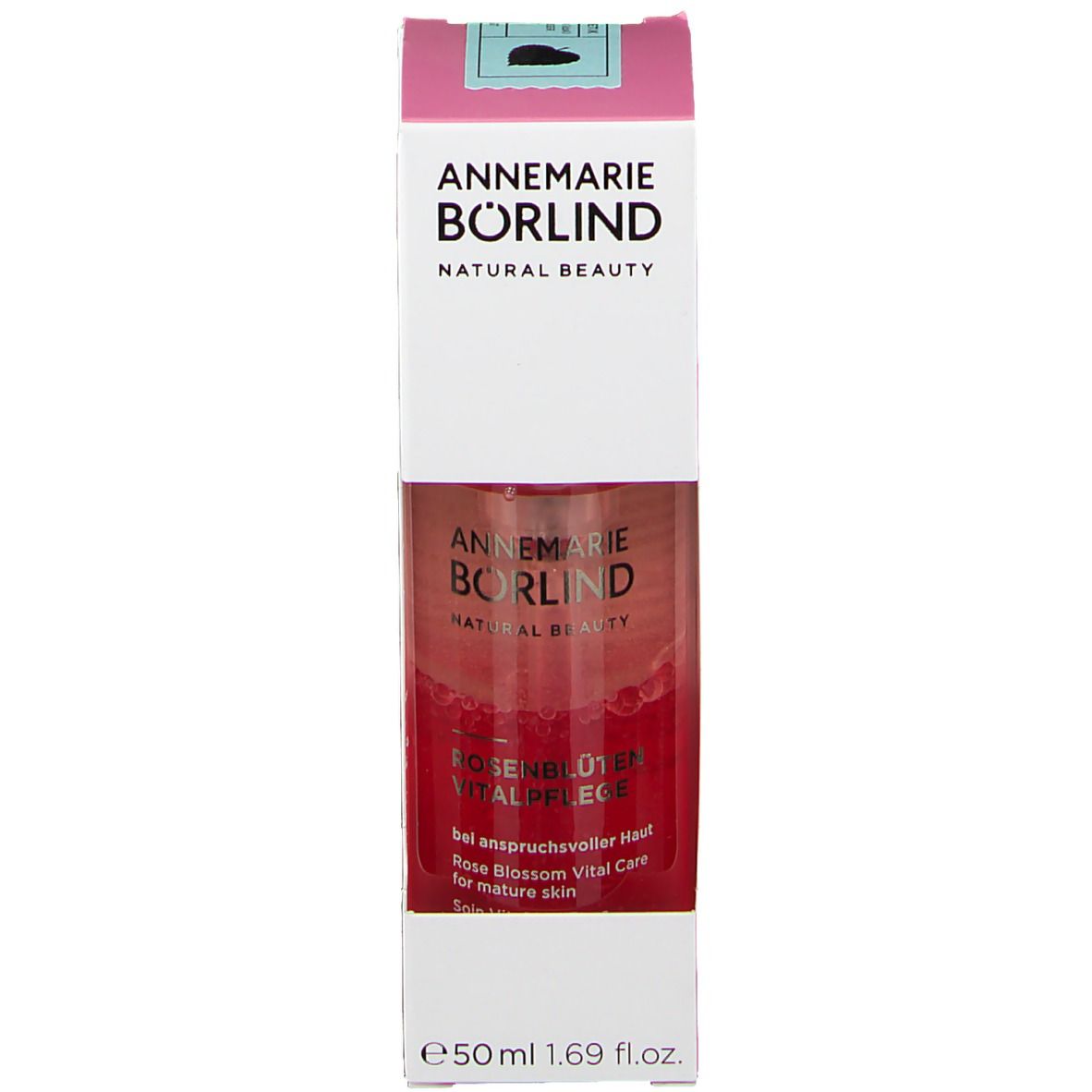 Produktverpackung. Aufschrift: ANNEMARIE BÖRLIND. Rosenblüten Vitalpflege. Für anspruchsvolle Haut. Mit Flakon.