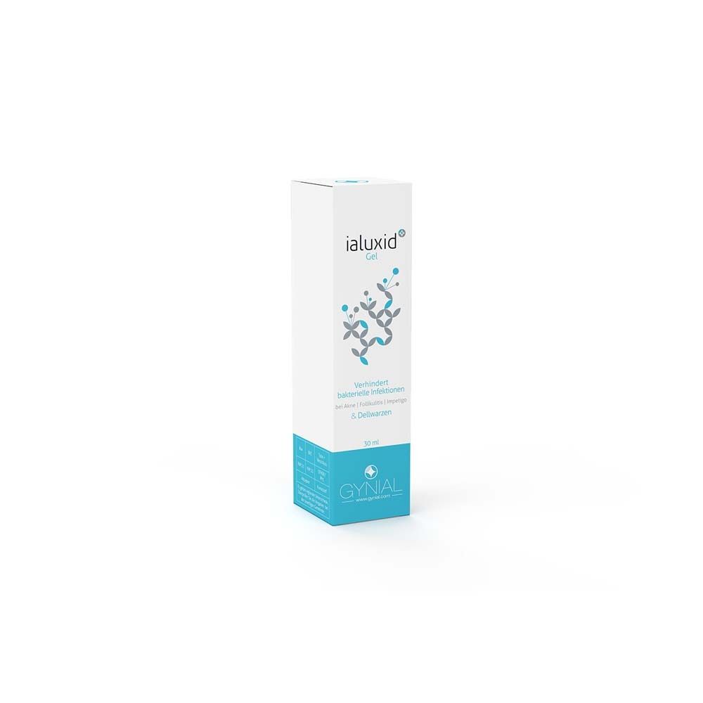 Weiße Verpackung mit blauem Akzent. Aufschrift: ialuxid Gel. Logo und Text. GYNIAL-Logo unten.