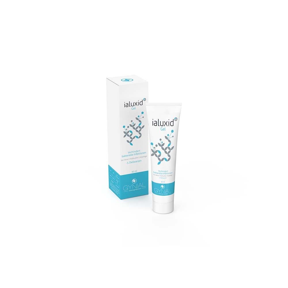 Produktverpackung und Tube. Aufschrift: ialuxid Gel. Logo und Text. Tube und Verpackung in Weiß und Blau.