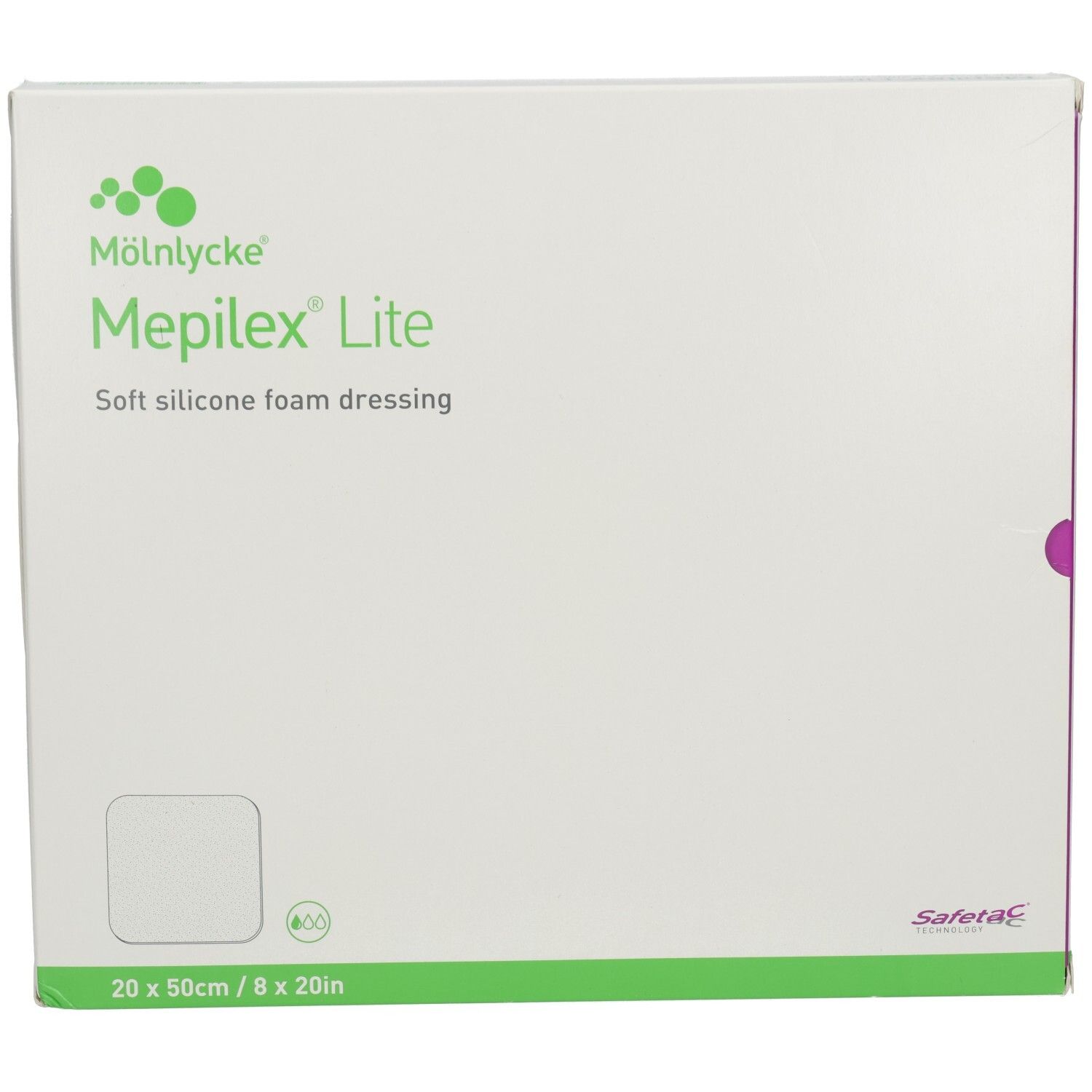 Verpackung von Mepilex Lite, einem weichen Silikon-Schaumverband, 20 x 50 cm.