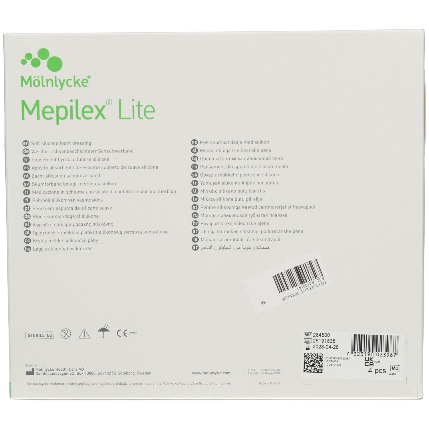 Rückseite der Mepilex Lite Verpackung mit Produktinformationen und CE-Kennzeichnung.