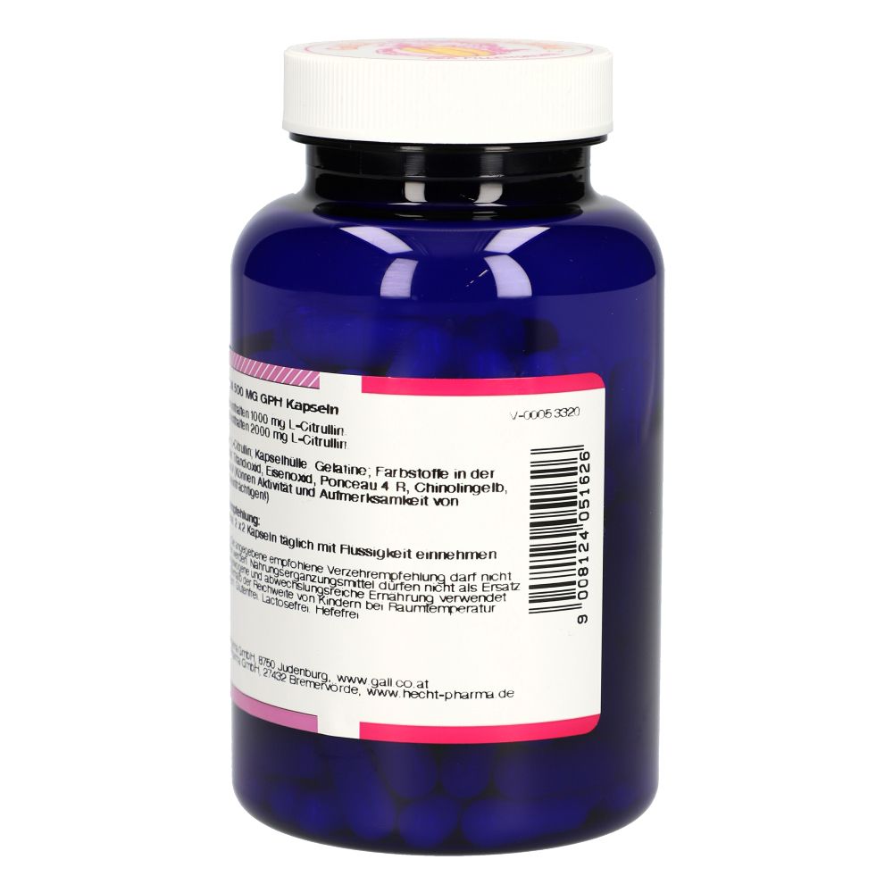 Blaue Flasche, Rückseite mit Etikett. Text: "Citrullin 500 mg GPH Kapseln". Barcode und Herstellerinformationen.