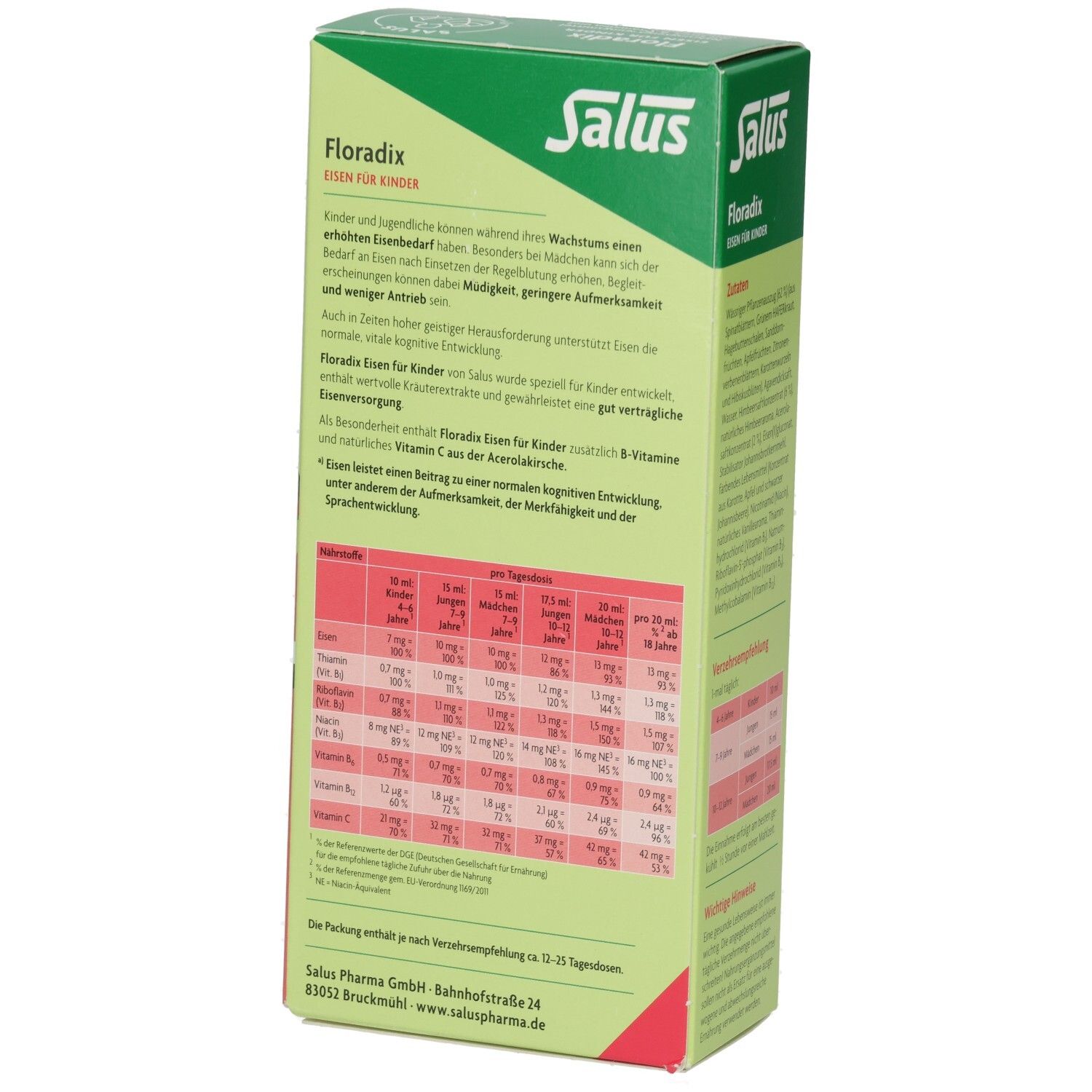 Rückseite der Verpackung von Floradix Eisen für Kinder. Enthält Informationen zur Anwendung und Nährwerttabelle. Grün und rot.