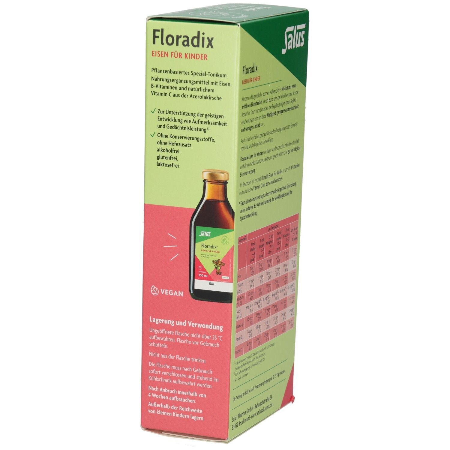 Verpackung von Floradix Eisen für Kinder. Zeigt eine Flasche des Produkts. Enthält Text und das Vegan-Siegel.