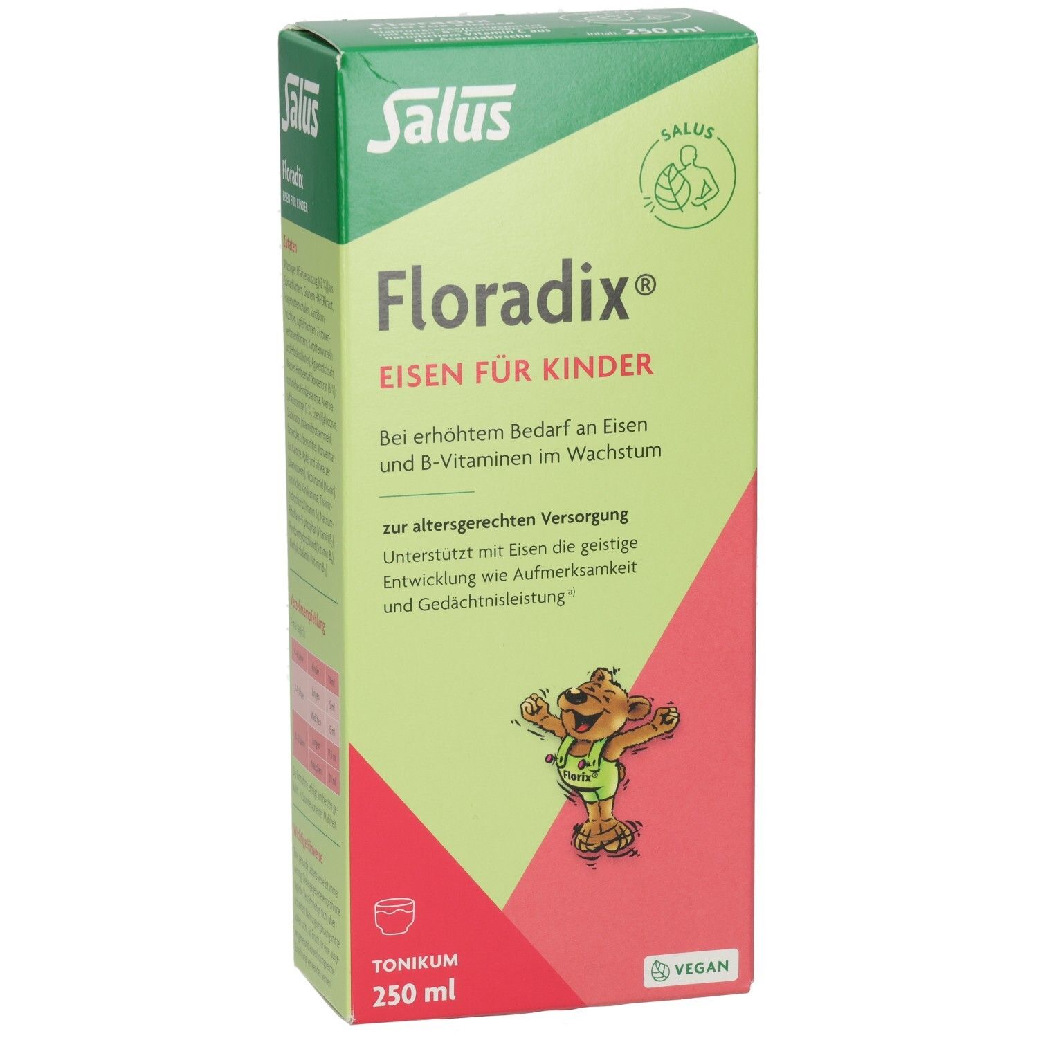 Vorderseite der Verpackung von Floradix Eisen für Kinder. Enthält Text, ein Cartoon-Bären-Bild und das Vegan-Siegel.