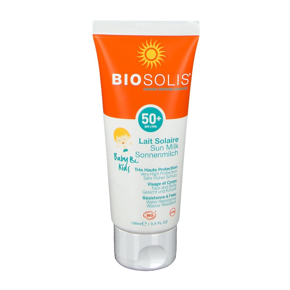 Sonnenmilch-Tube mit orangefarbenem Deckel und Schriftzug. Enthält SPF 50+ und ist für Babys und Kinder geeignet.