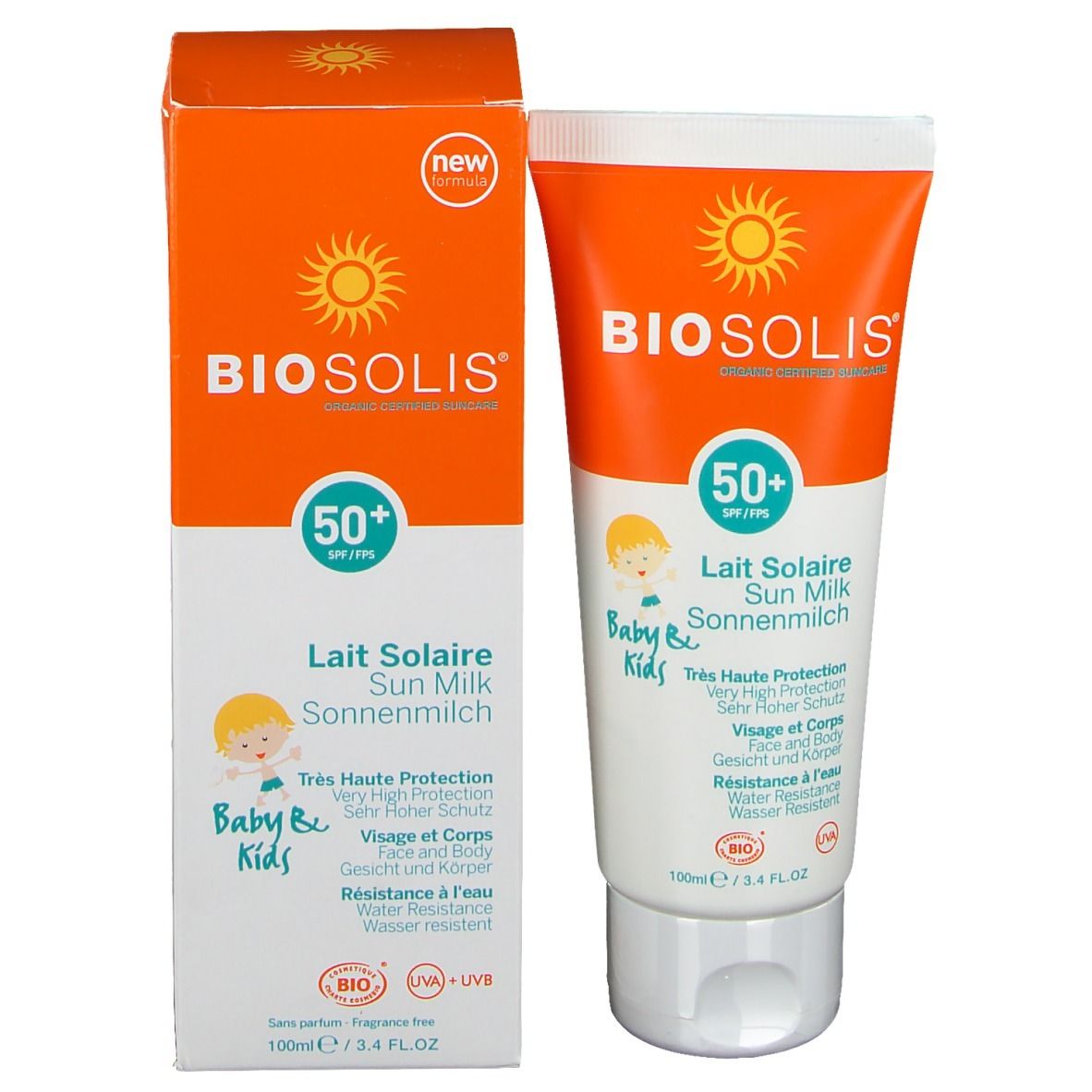 Sonnenmilch-Tube und -Verpackung. Beide zeigen das Produkt, SPF 50+ und sind für Babys und Kinder geeignet.