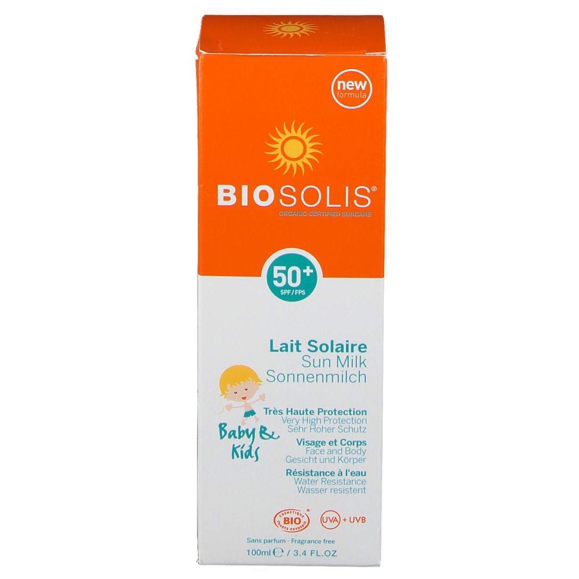 Sonnenmilch-Verpackung. Zeigt das Produkt, SPF 50+ und ist für Babys und Kinder geeignet.