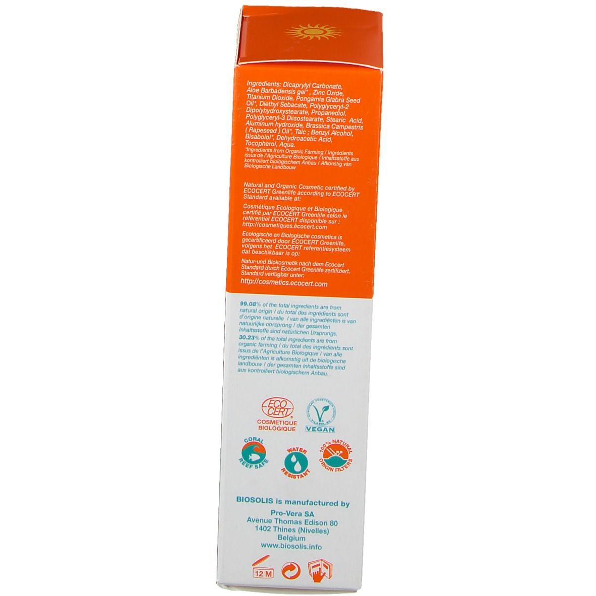 Verpackung mit Inhaltsstoffen und Zertifizierungen. Enthält Informationen über die Inhaltsstoffe und die Herstellung.