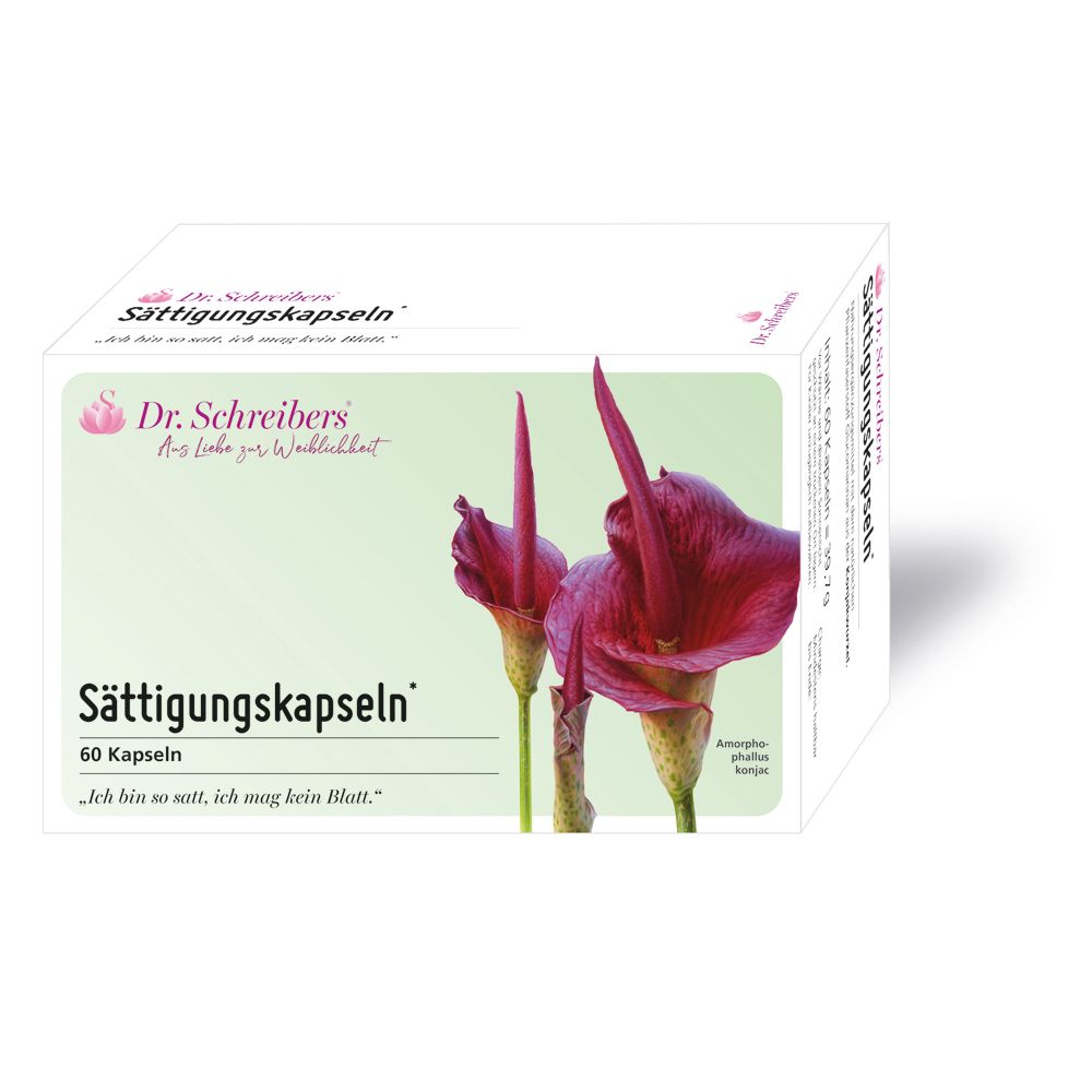 Verpackung von Dr. Schreibers Sättigungskapseln mit 60 Kapseln und Blütenmotiv.