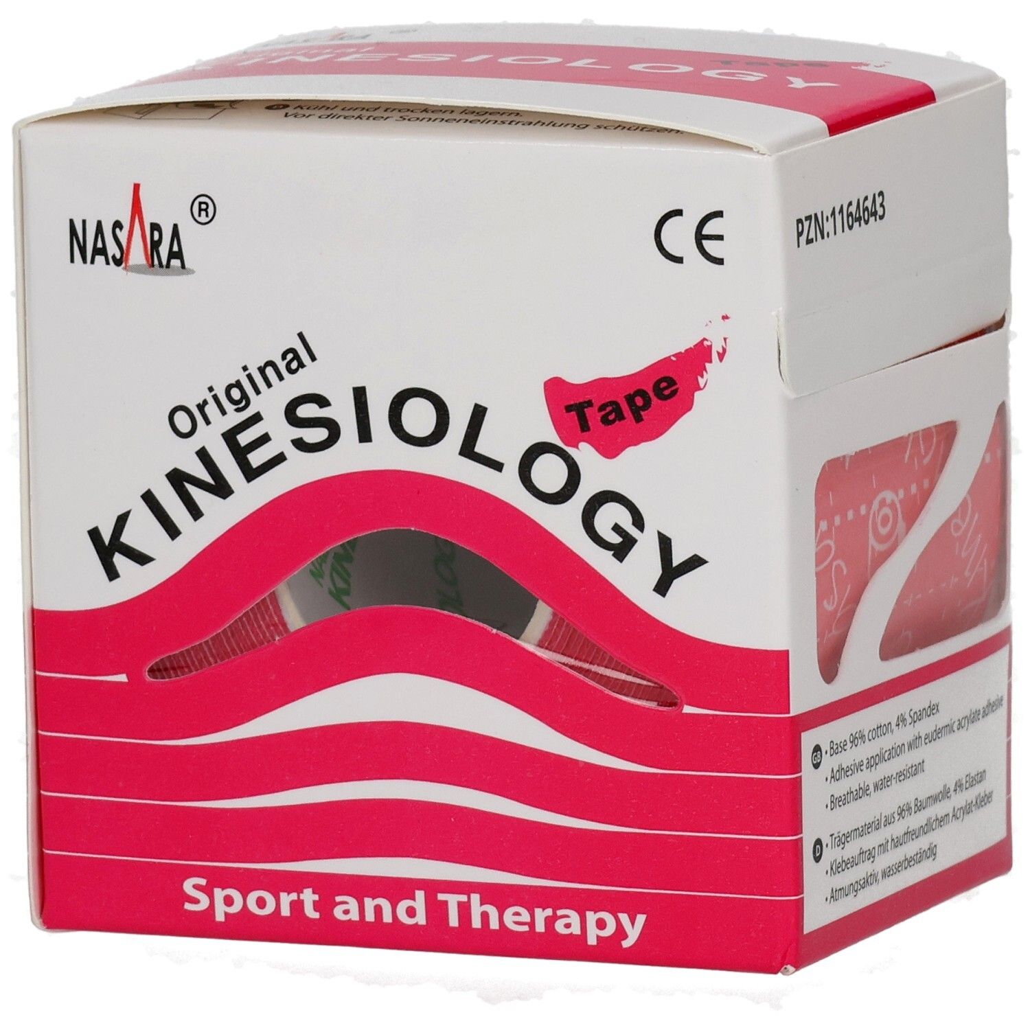 Kinesiologie-Tape-Box. Weiß mit roter Schrift und Design. Aufschrift: Original Kinesiology Tape. Sport und Therapie. CE-Zeichen.