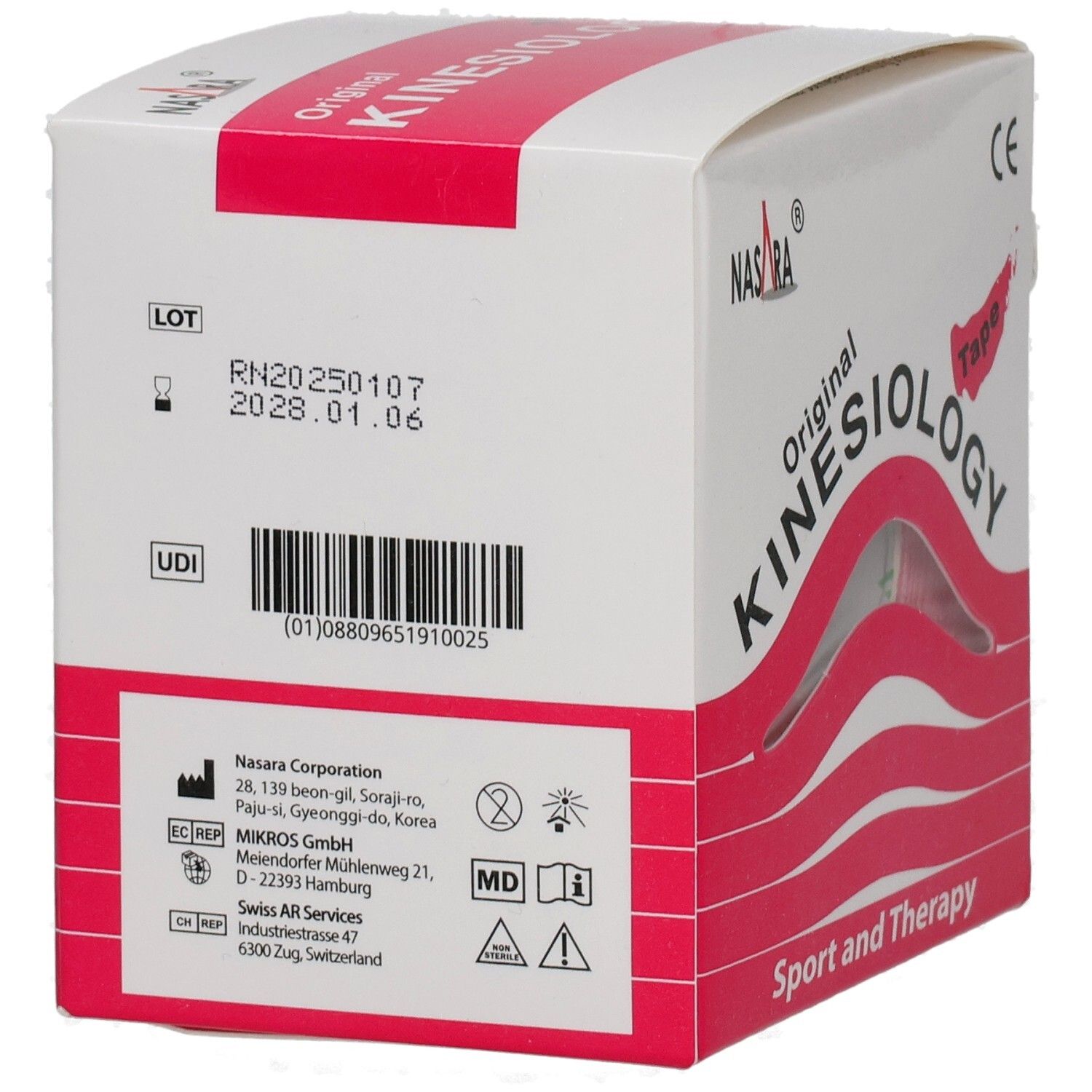 Kinesiologie-Tape-Box. Rückseite mit Informationen. Aufschrift: Original Kinesiology Tape. Sport und Therapie. CE-Zeichen. Barcode.