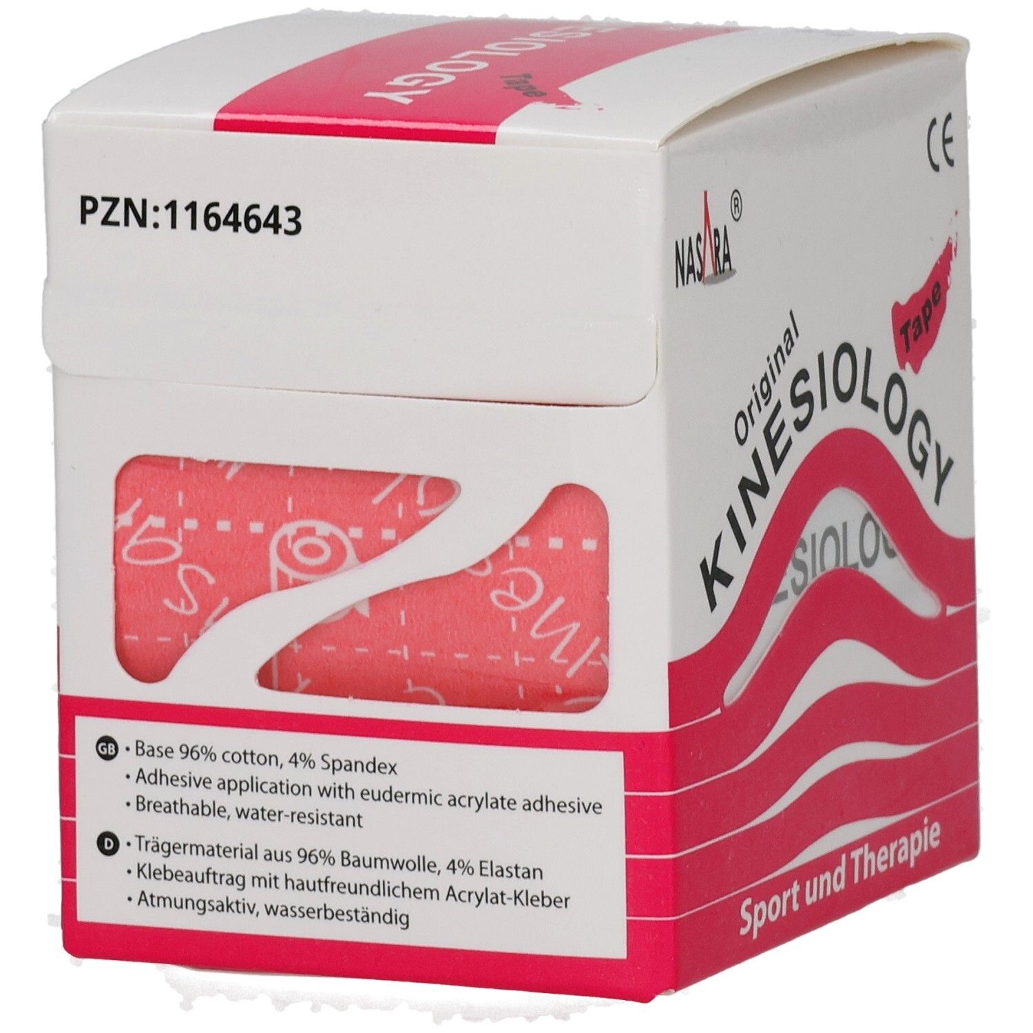 Kinesiologie-Tape-Box. Zeigt das rosa Tape. Aufschrift: Original Kinesiology Tape. Sport und Therapie. Produktinformationen.
