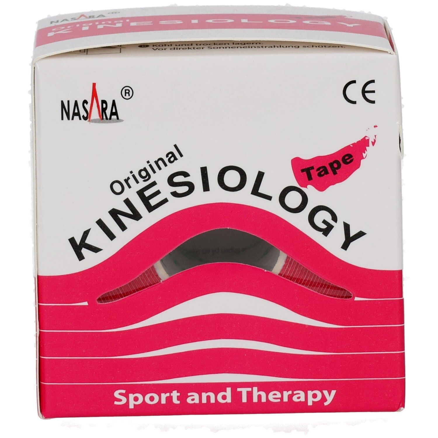 Kinesiologie-Tape-Box. Zeigt eine Rolle rosa Tape. Aufschrift: Original Kinesiology Tape. Sport und Therapie. CE-Zeichen.