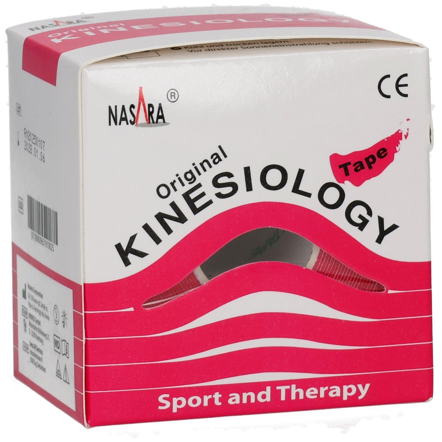 Kinesiologie-Tape-Box. Aufschrift: Original Kinesiology Tape. Sport und Therapie. CE-Zeichen. Produktinformationen.