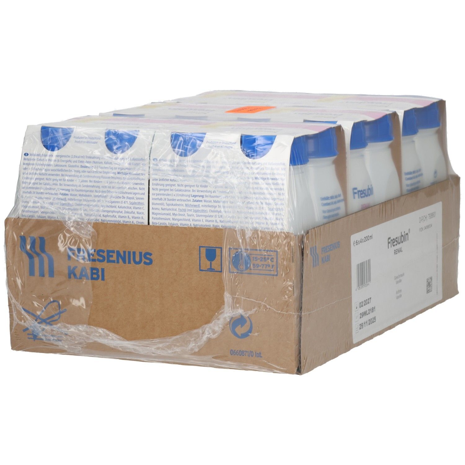 FRESUBIN RENAL DRI 200 VANIL: Rückansicht der 24x200ml Flaschen in Kartonverpackung.
