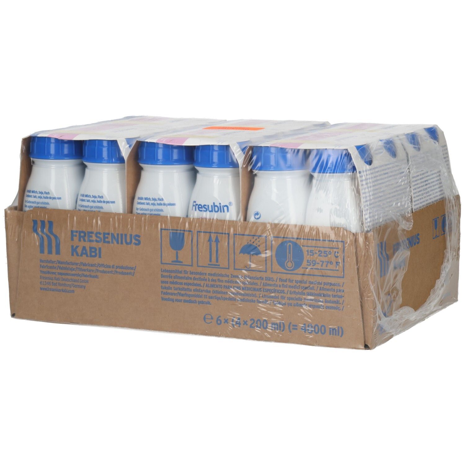 FRESUBIN RENAL DRI 200 VANIL: Seitenansicht der 24x200ml Flaschen in Kartonverpackung mit Warnsymbolen.