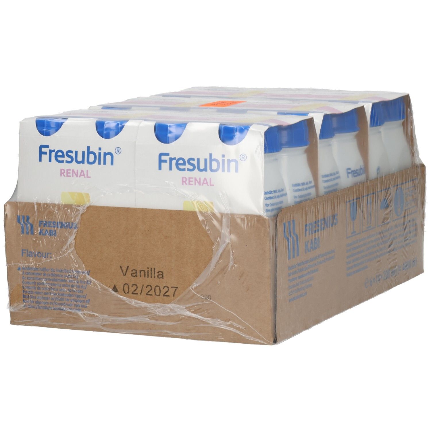 FRESUBIN RENAL DRI 200 VANIL: Vorderseite der Kartonverpackung mit 24x200ml Flaschen, Geschmack Vanille.