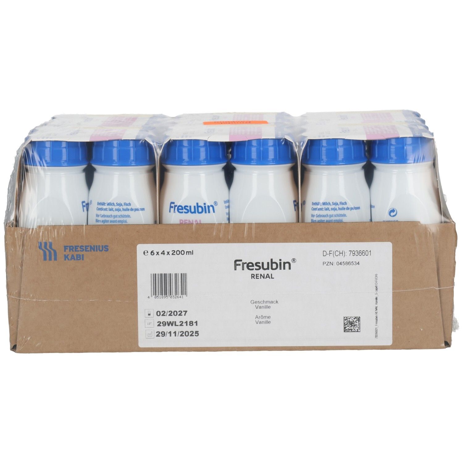 FRESUBIN RENAL DRI 200 VANIL: 24x200ml Flaschen in Kartonverpackung, Vorderansicht.