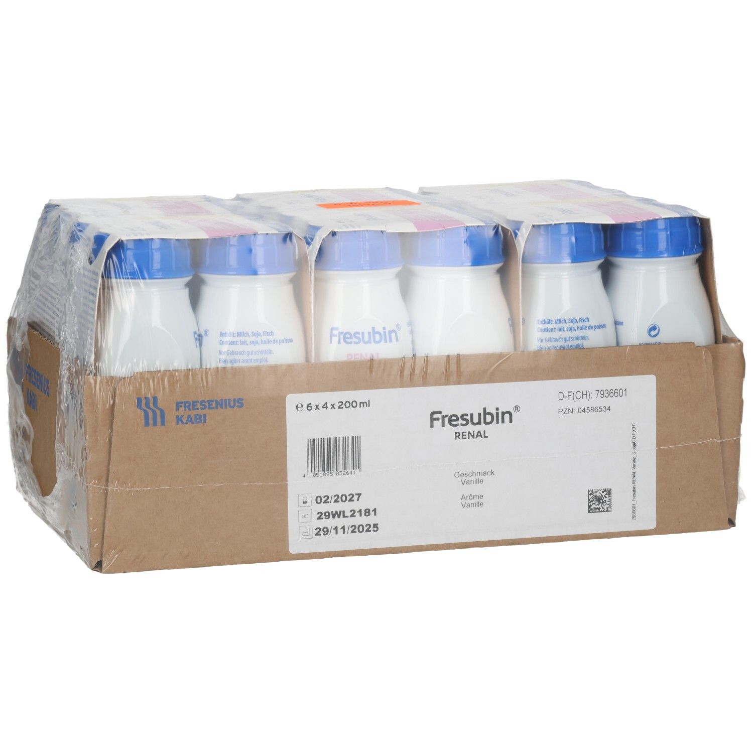 FRESUBIN RENAL DRI 200 VANIL: 24x200ml Flaschen in Kartonverpackung, Vorderansicht mit Etikettendetails.