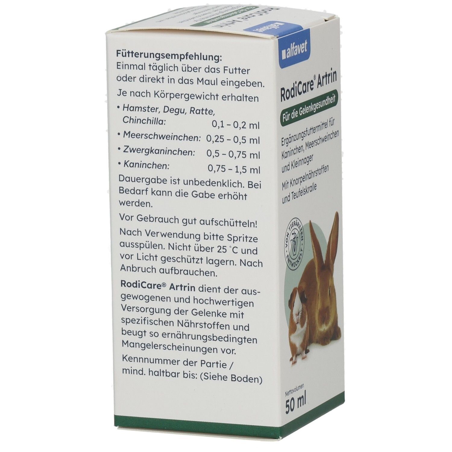 Karton RODICARE ARTRIN TR KLEINNAG. Text mit Dosierungsempfehlung. 50 ml. Logo alfavet.