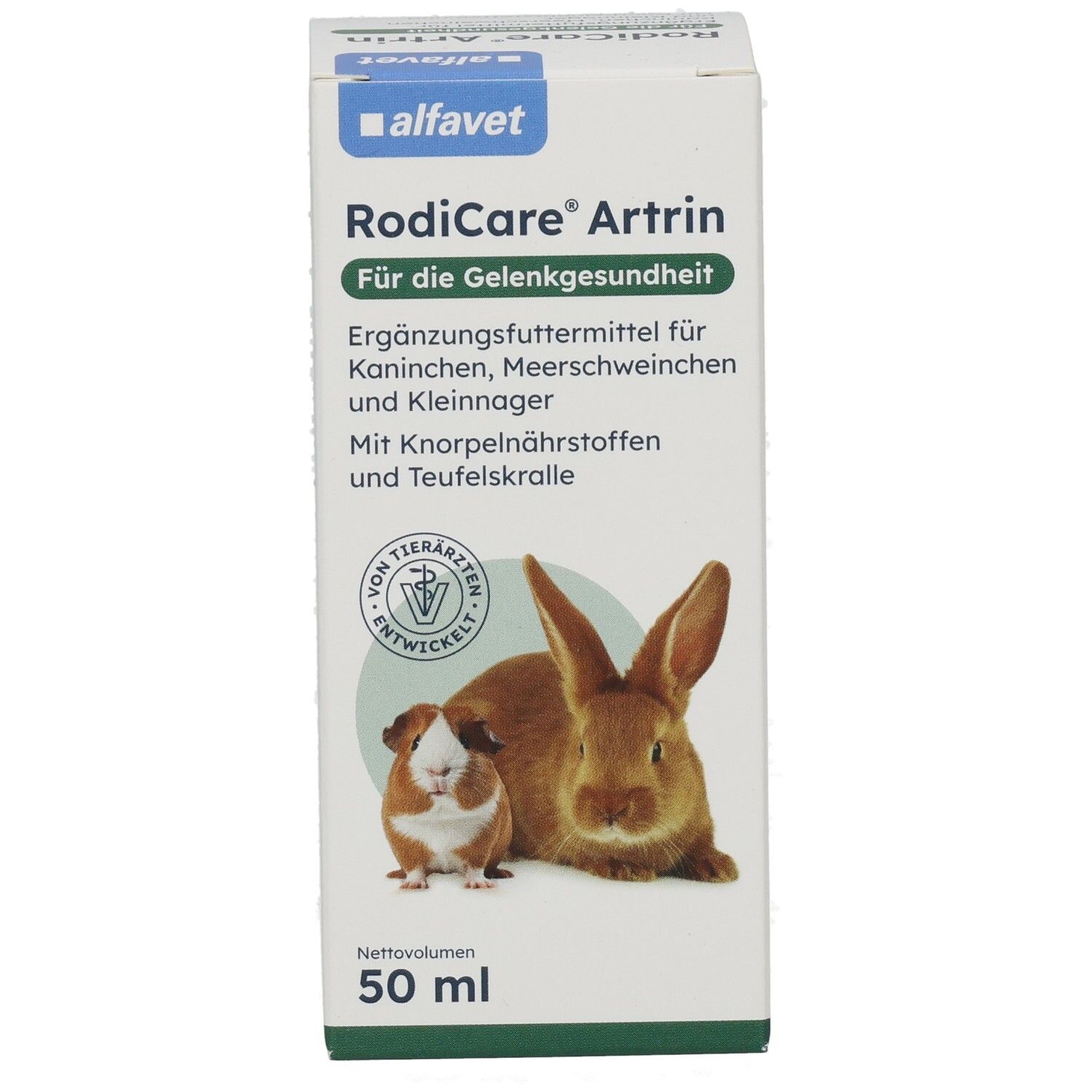 Karton RODICARE ARTRIN TR KLEINNAG. Enthält Kaninchen- und Meerschweinchen-Abbildung. 50 ml. Logo alfavet.