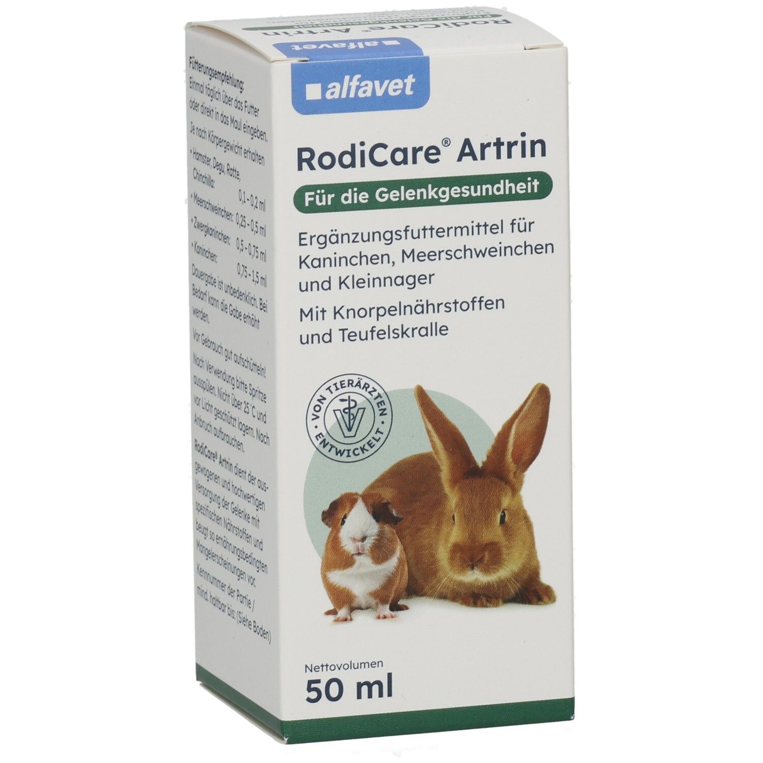 Karton RODICARE ARTRIN TR KLEINNAG. Enthält Kaninchen- und Meerschweinchen-Abbildung. 50 ml. Logo alfavet.
