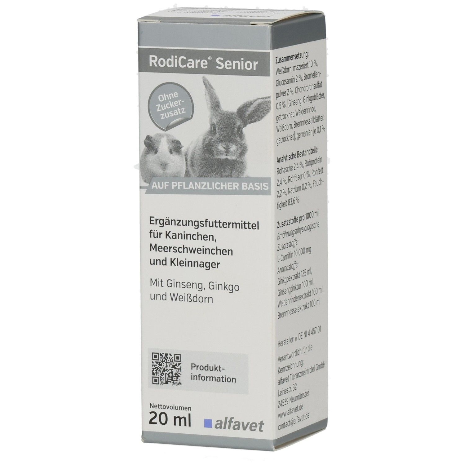 Karton RODICARE SENIOR. Aufschrift: Ohne Zuckerzusatz, Kaninchen, Meerschweinchen, Kleinnager. 20 ml. Marke alfafet.