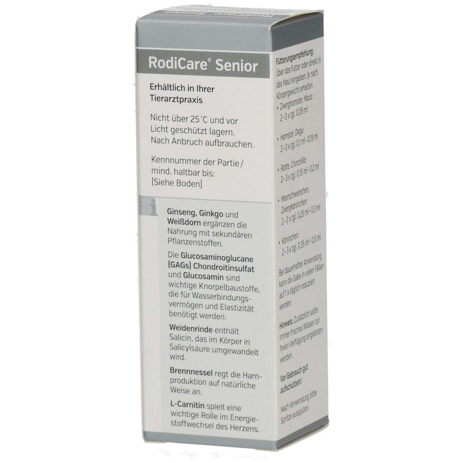 Karton RODICARE SENIOR. Text: Ginseng, Ginkgo und Weißdorn, Glucosaminglucane, Chondroitinsulfat, Weidenrinde, Brennnessel, L-Carnitin.