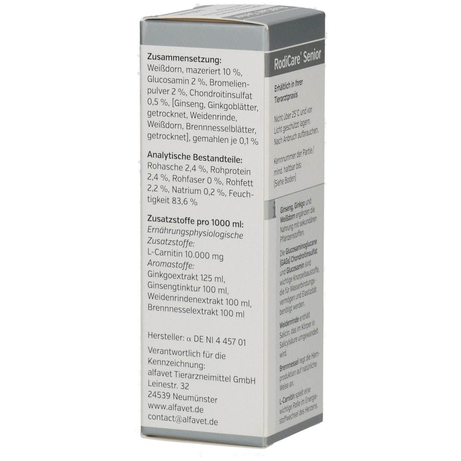 Karton RODICARE SENIOR. Text: Zusammensetzung, Weißdorn, Bromelain, Glucosamin, Chondroitinsulfat, Ginkgo, Weidenrinde, Brennnessel.